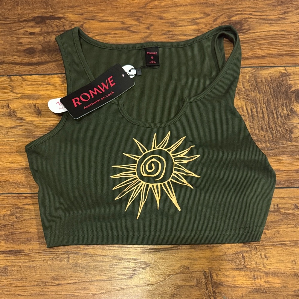 ROMWE Olive Sunburst Embroidered Crop Top